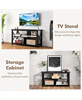 Gouun 3 Tier Wood Tv Stand for 55-Inch with Open Shelves and X-Shaped Frame
