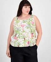 Charter Club Plus Linen-Blend Printed Scoop-Neck Tank Top, Exclusively at Macy's