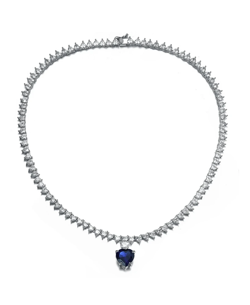Luxurious White Gold Plated Heart Tennis Necklace with Blue Heart Charm
