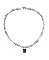 Luxurious White Gold Plated Heart Tennis Necklace with Blue Heart Charm