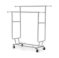 Slickblue Heavy Duty Double Bar Clothes Hanging Garment Rack on Lockable Wheels Durable and Secure