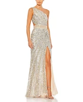 Mac Duggal Women's Sequined One Shoulder Draped Lace Up Gown