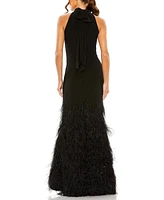 Mac Duggal Women's Jersey Halter Gown with Feather Tiered Detail