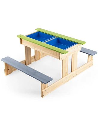 Gouun 3-in-1 Outdoor Wooden Kids Sand and Water Activity Table with Benches and Storage Boxes