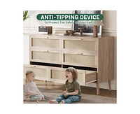 gaomon 6 Drawer Rattan Dresser, 47.2" x 15.7" x 29.5" Rattan Chest of Dressers, Mid Century Modern Dresser for Closet with Handles, Large Table Top