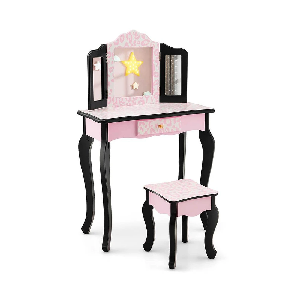 Gouun Kid Vanity Set with Tri-Folding Mirror and Leopard Print