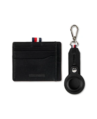 Tommy Hilfiger Men's Leather AirTag Card Case Wallet and Key Fob, 2-Piece Set