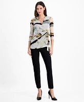 Anne Klein Women's Printed-Mesh 3/4-Sleeve Wrap Top