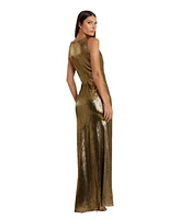 Mac Duggal Women's Metallic Ruched Detail Front Slip V Neck Gown