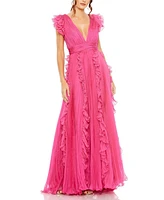 Mac Duggal Women's Pleated Ruffle Cap Sleeve Flowy A Line Gown
