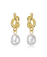 Sterling Silver 14K Gold Plated with Freshwater Pearl Pretzel Love Knot Dangle Earrings