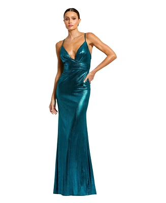 Mac Duggal Women's Metallic Faux Wrap Spaghetti Strap Gown