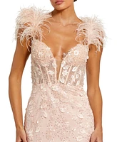 Mac Duggal Women's Sheer Applique Bustier Gown with Feather Straps