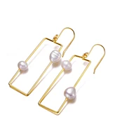 Sterling Silver 14K Gold Plated with Genuine Freshwater Pearl Geometrical Drop Earrings