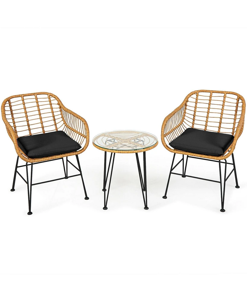 Gouun 3 Pieces Rattan Furniture Set with Cushioned Chair Table