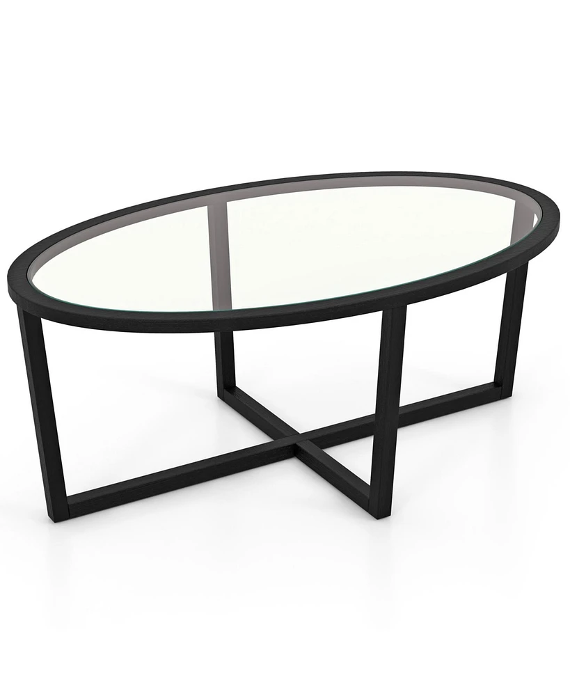 Gouun Glass Table Oval Living Room Table with Cross Base and Acacia Wood Legs