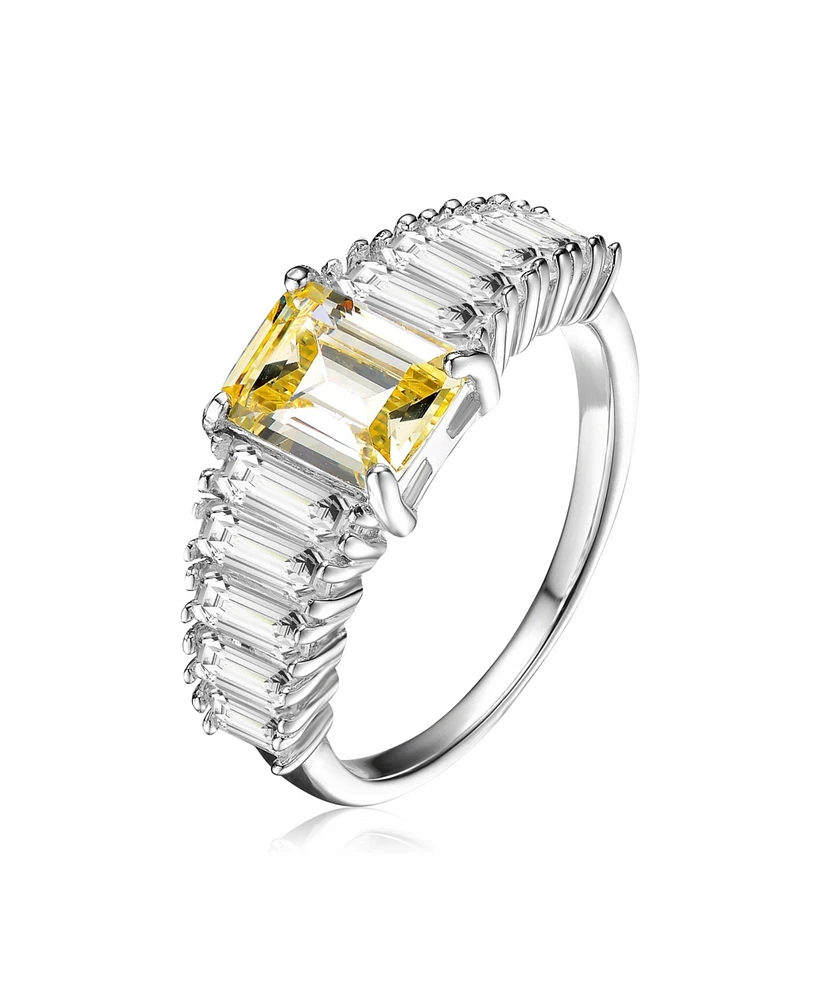 Genevive Sterling Silver with White Gold Plated Yellow Asscher with Clear Cubic Zirconia Cluster Ring