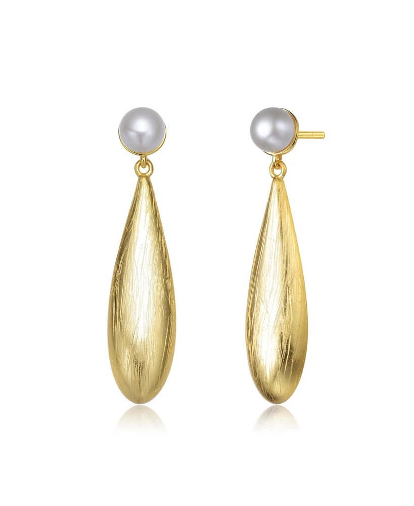 Genevive Sterling Silver 14K Gold Plated with Genuine Freshwater Drop Pearl Modern Earrings