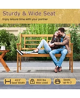 Gouun Patio Acacia Wood Bench with Curved Armrests Slatted Seat and Backrest