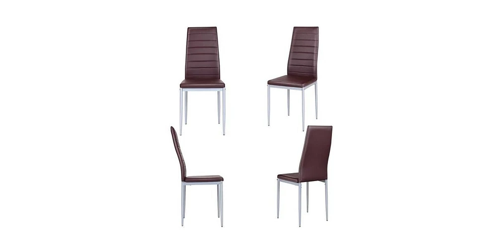 Slickblue Set of 4 Modern High Back Brown Pvc Leather Dining Chairs with Metal Legs