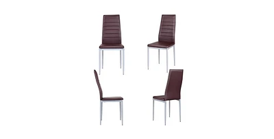 Slickblue Set of 4 Modern High Back Brown Pvc Leather Dining Chairs with Metal Legs