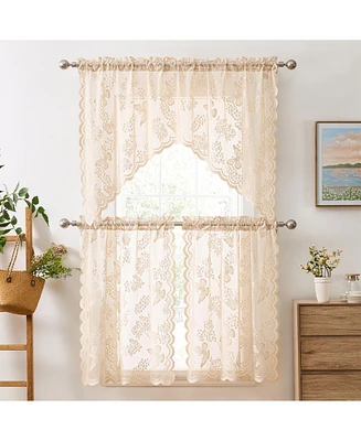 Hlc.me Butterfly Floral Lace - Sheer 3 Piece Kitchen Curtains Set, Light Filtering Transparent Window Swag Valance + 36 inch Tiers Set