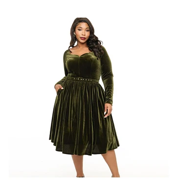 Unique Vintage Plus Long Sleeve Sweetheart Velvet Swing Dress