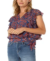 Liverpool Los Angeles Women's Short Ruffle Sleeve Draped Front Woven Blouse