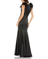 Mac Duggal Women's Feather Shoulder V-Neck Column Gown