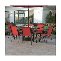 Emma+Oliver Seven Piece Patio Table Set With Metal Table With Tempered Glass Top And 6 Flex Comfort Stacking Chairs