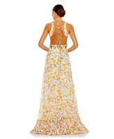 Mac Duggal Women's Floral Print Cut Out Lace Up Tiered Gown