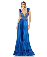 Mac Duggal Women's Beaded Cross Cut Out Ruffled Strap A Line Gown