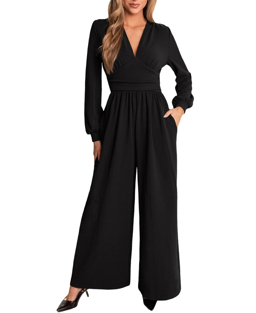 Cupshe Women's Plunging Long Sleeve Wide Leg Jumpsuit