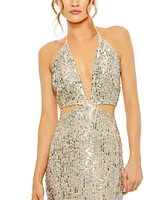 Mac Duggal Women's Cut Out Halter Tie Back Sequin Gown