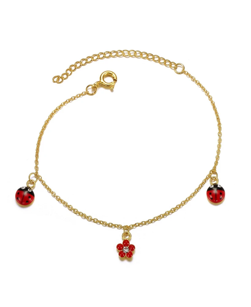 GiGiGirl 14k Gold Plated Red & Black Enamel Crystal Lady Bug & Flower Triple Charm Bracelet