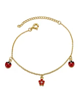 GiGiGirl 14k Gold Plated Red & Black Enamel Crystal Lady Bug & Flower Triple Charm Bracelet