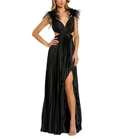 Mac Duggal Women's Pleated Feather Cap Sleeve Open Back Gown