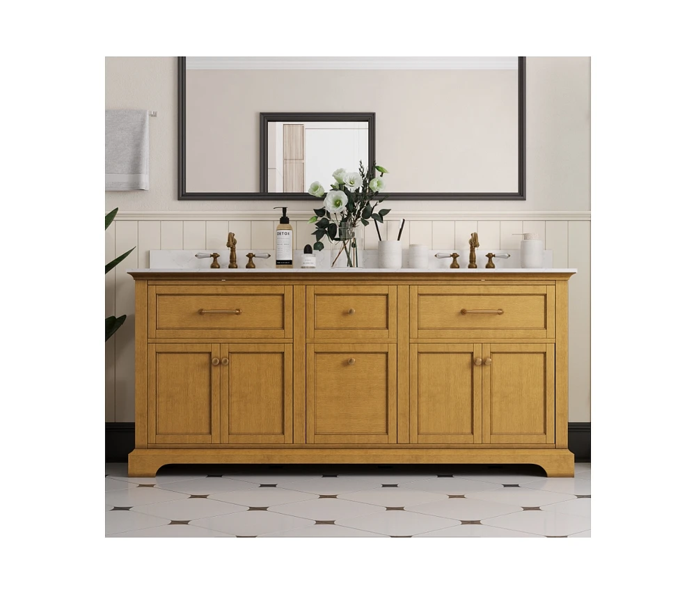 DeerValley 72" Pre-assembled Double Bathroom Vanity with Engineered Marble Top, Soft Closing and Splash Guard