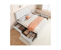 gaomon Full Size Bed Frame with 4 Storage Drawers and Headboard, Faux Leather Upholstered Platform Bed Frame with Wooden Slats Support