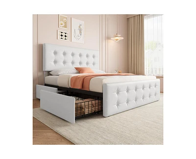 gaomon Full Size Bed Frame with 4 Storage Drawers and Headboard, Faux Leather Upholstered Platform Bed Frame with Wooden Slats Support, Button Tufted