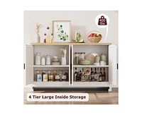 gaomon Buffet Cabinet,Rattan Accent Storage Cabinet with 4 Doors and Shelf, Sideboard Buffet Cabinet with Storage