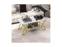 Slickblue Modern White Faux Marble 2 Tier Coffee Table with Gold Finish Metal Curved Legs