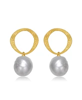 Genevive Sterling Silver 14K Gold Plated with Genuine Freshwater Button Pearl Drop Earrings