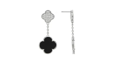 Rivka Friedman Rhodium Onyx + Pave Cz Double Clover Drop Earrings