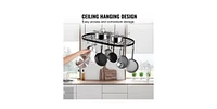 Slickblue Carbon Steel Ceiling Mount Oval Hanging Kitchen Pot Rack with 12 Hooks