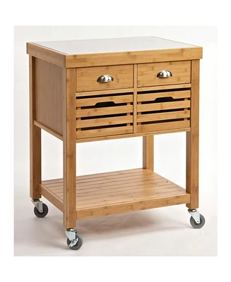 Slickblue Stainless Steel Top Wicker Wood Kitchen Cart with Casters