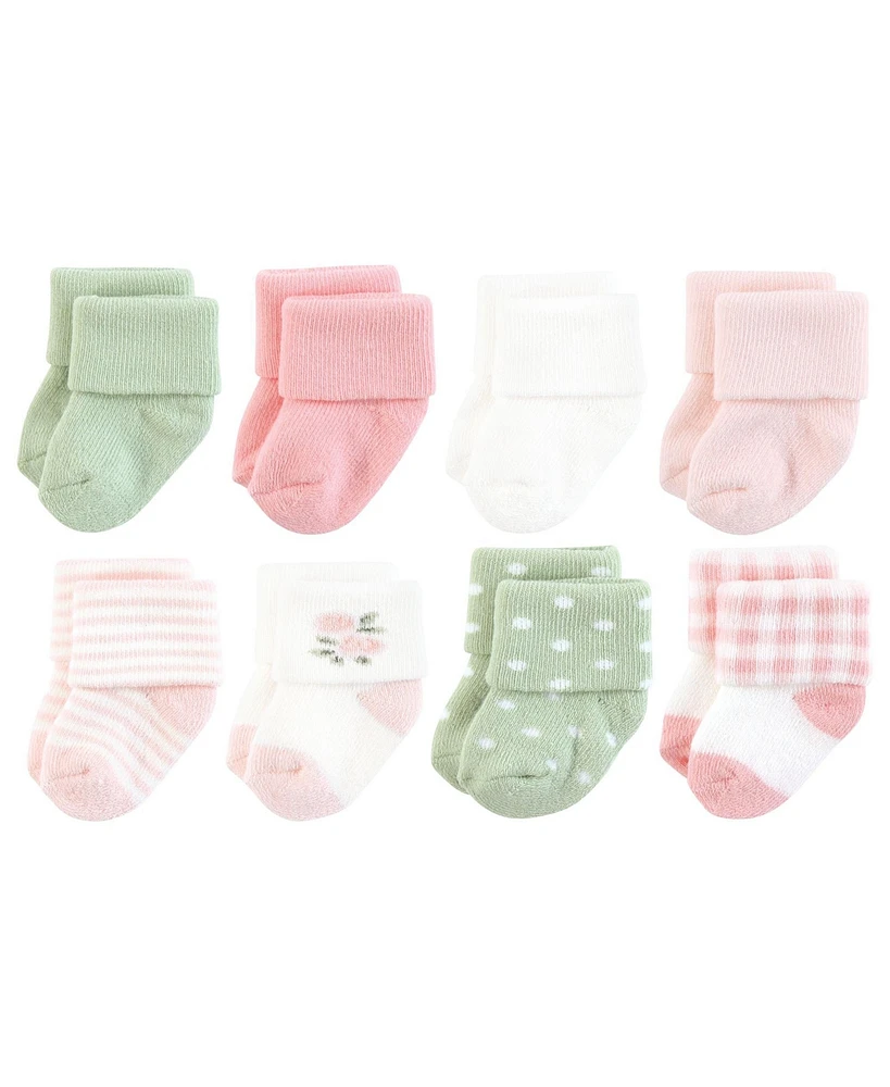 Hudson Baby Girls Cotton Rich Newborn and Terry Socks, Pink Sage Rose, 0-6 Months