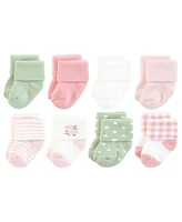 Hudson Baby Girls Cotton Rich Newborn and Terry Socks, Pink Sage Rose, 0-6 Months