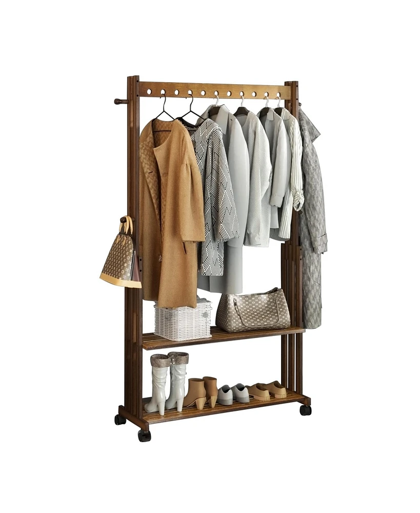 Unho Retro Bamboo Clothes Rack: Brown Garment Organizer Hanging Rack with Wheels