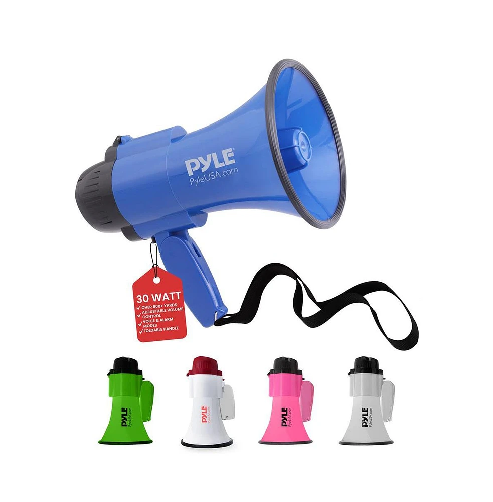 Pyle 30-Watt Portable Megaphone with Siren, Adjustable Volume, Lightweight, Battery Operated, Blue Bullhorn